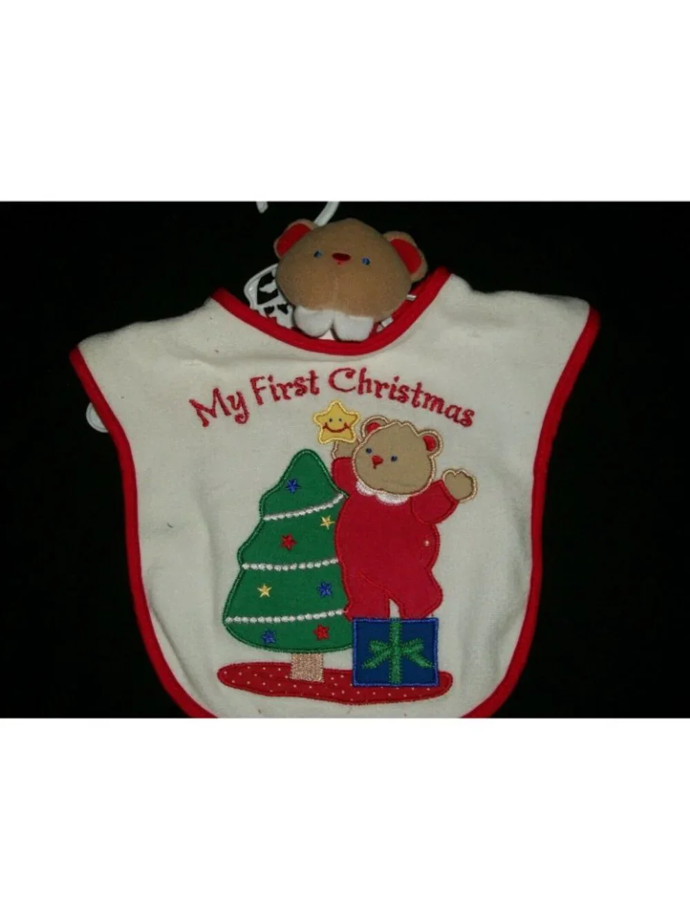 My First Christmas Baby Bib and Bear Rattle Tree White Red Terrycloth